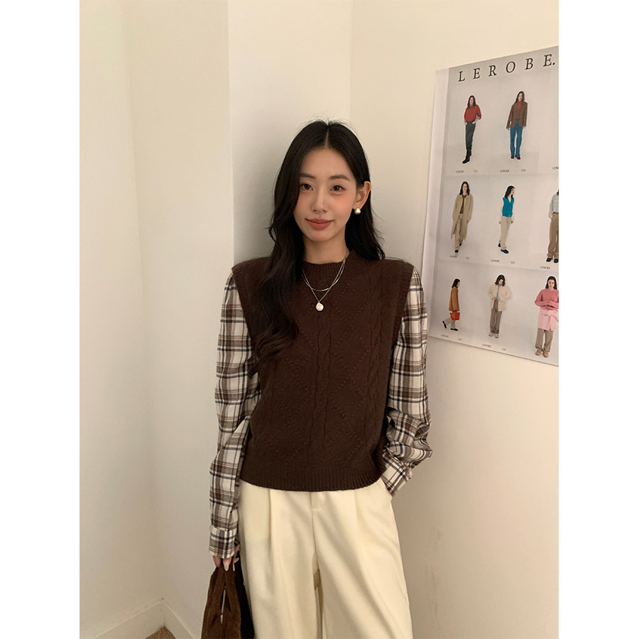 HUANG ZHENG 샌딩 체크 무늬 니트 패치 워크 스웨터 2024 겨울 따뜻한 셔츠 여성 145CY1036