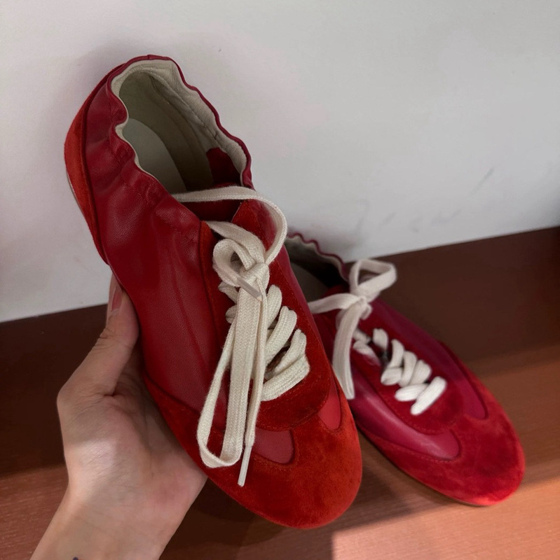 Sheepskin version ~ Korean version of comfortable genuine leather handmade flat lace-up German training shoes versatile elastic belt sports casual shoes for women Sheepskin version ~ Korean version of comfortable genuine leather handmade flat lace-up German training shoes versatile elastic belt sports casual shoes for women