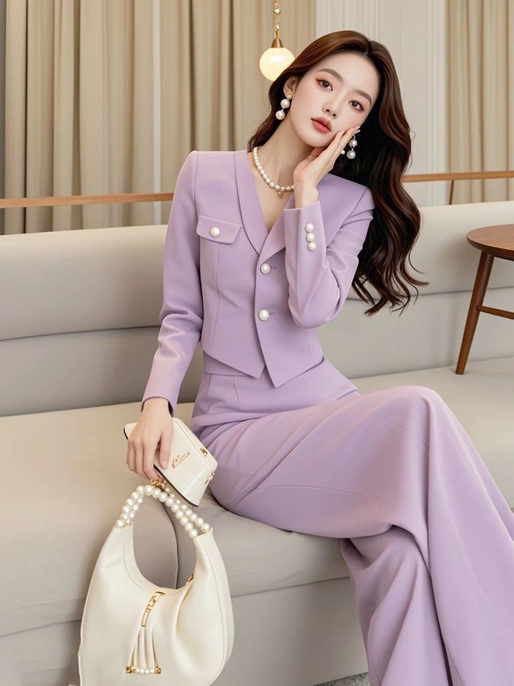 Early autumn high-level sense of socialite temperament goddess fan high-end generous decent small fragrance purple jacket pants two-piece set