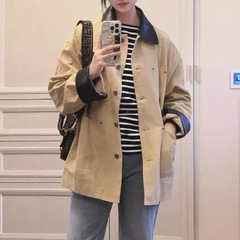 F**女装商场同款2025秋季新款宽松版卡其色拼接皮领工装夹克外套