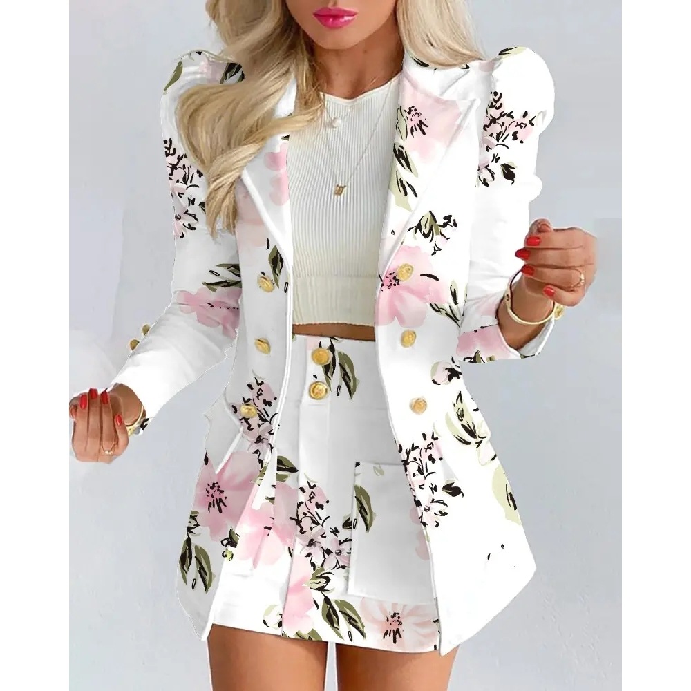 Puff Sleeve Double Breasted Blazer Coat & Skirt Sets