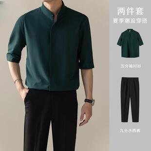 Summer trend shirt, thin trousers, Chinese style, high collar, full set 4