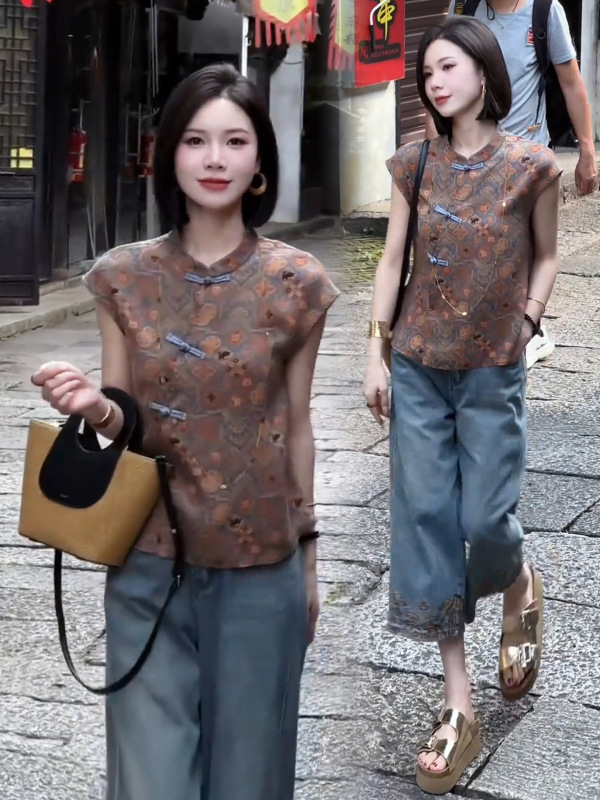 新中式国风衬衫女2025夏季新款时尚设计感盘扣印花短袖立领上衣潮|undefined