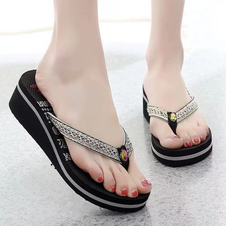 Сандалии, женские вьетнамские женские тапочки, женские летние тапочки на толстой подошве на танкетке, Нескользящие пляжные сандалии с откидной крышкой для женщин