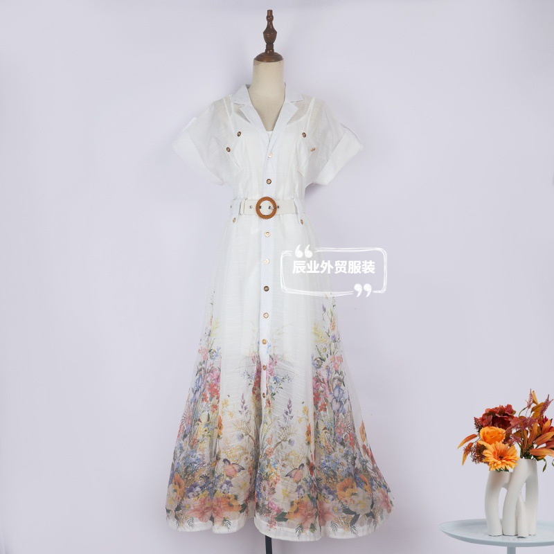Australian Design Sense Positioning Printed Long Dress Single-breasted Elegant Shirt A- pocket dress with Belt Sling
