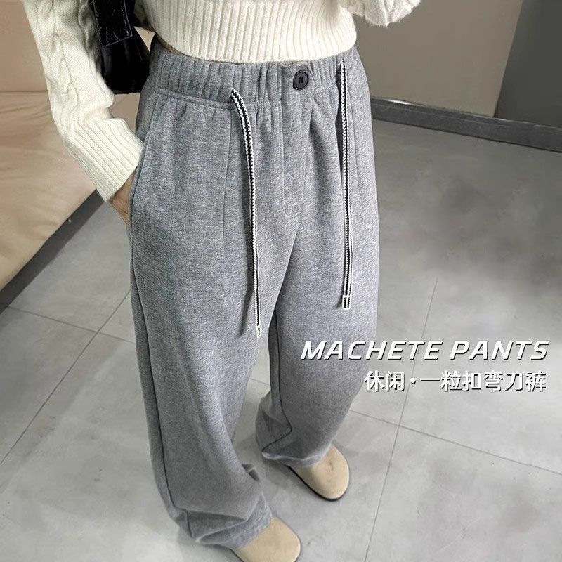 跨境灰色加绒裤子女2025秋冬新款高腰显瘦时尚阔腿裤弯刀卫裤潮牌