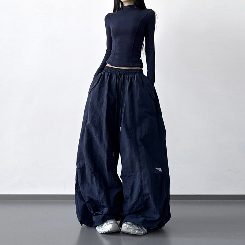 American Parachute Cargo Pants Silhouette Elastic Drawstring Loose Pleated Pocket American Casual Trousers Winter