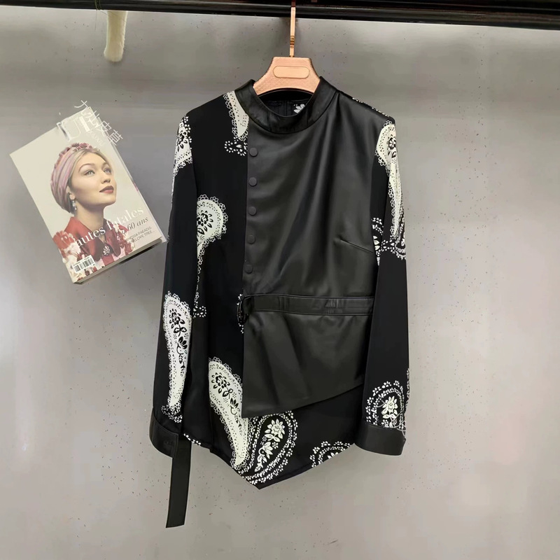 Genuine Leather Base Shirt 2026 Autumn and Winter New Style Irregular Chiffon Splicing Sheepskin Round Neck Long-Sleeved Shirt Top for Women
