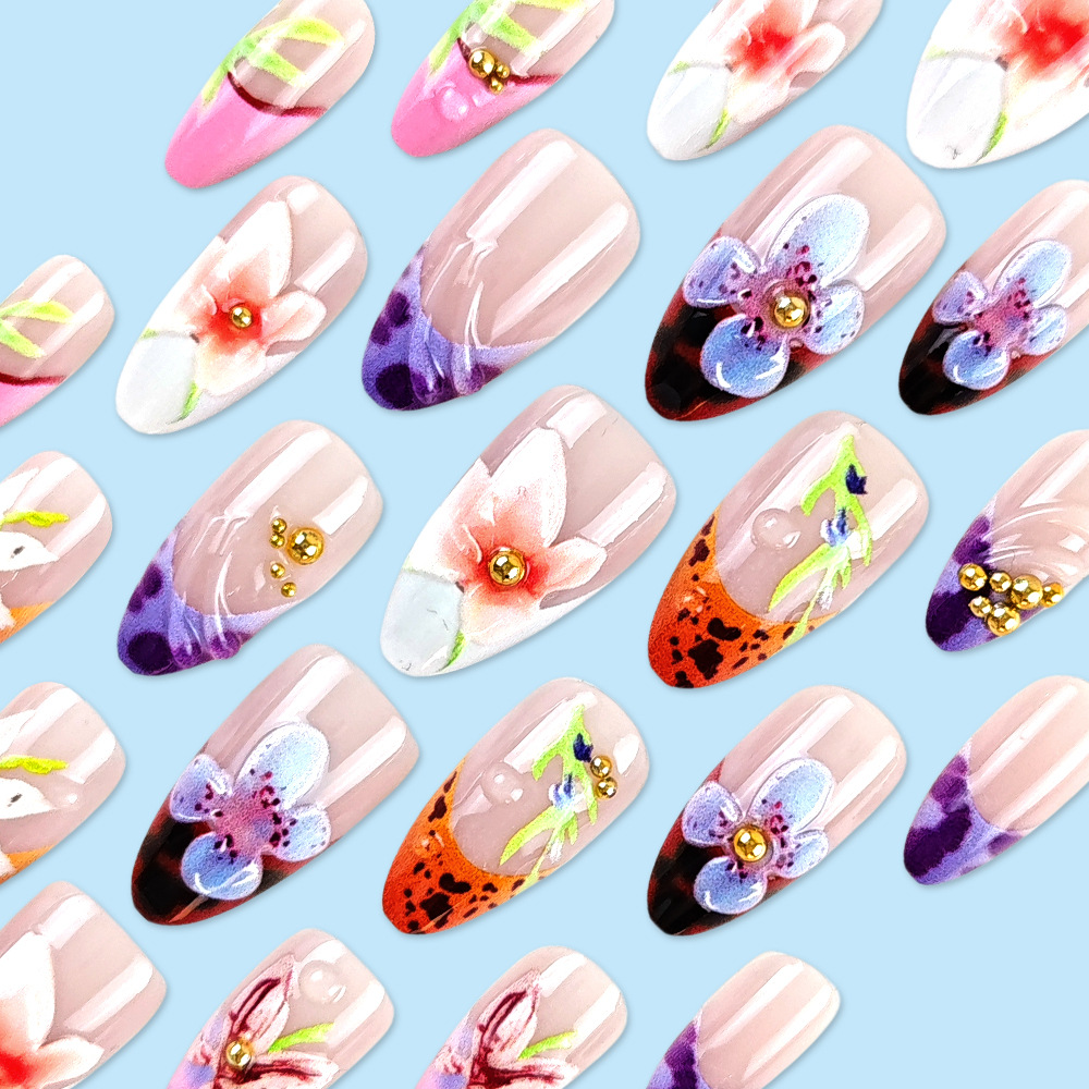 Relieve 3D punto de perforación floral para usar uñas de arte romántico tipo almendra manicure transfronterizo venta caliente 24 piezas de parche de uñas