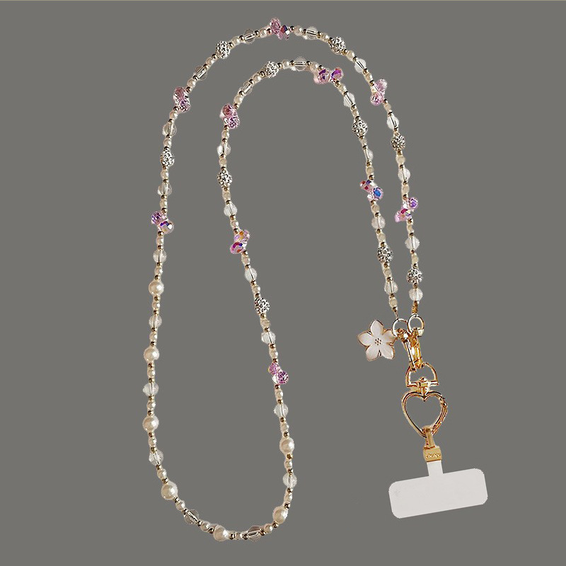 New Stylish Crossbody Pearl Crystal Phone Lanyard Long Ins Forest Style Fresh Sweet High-End Accessory