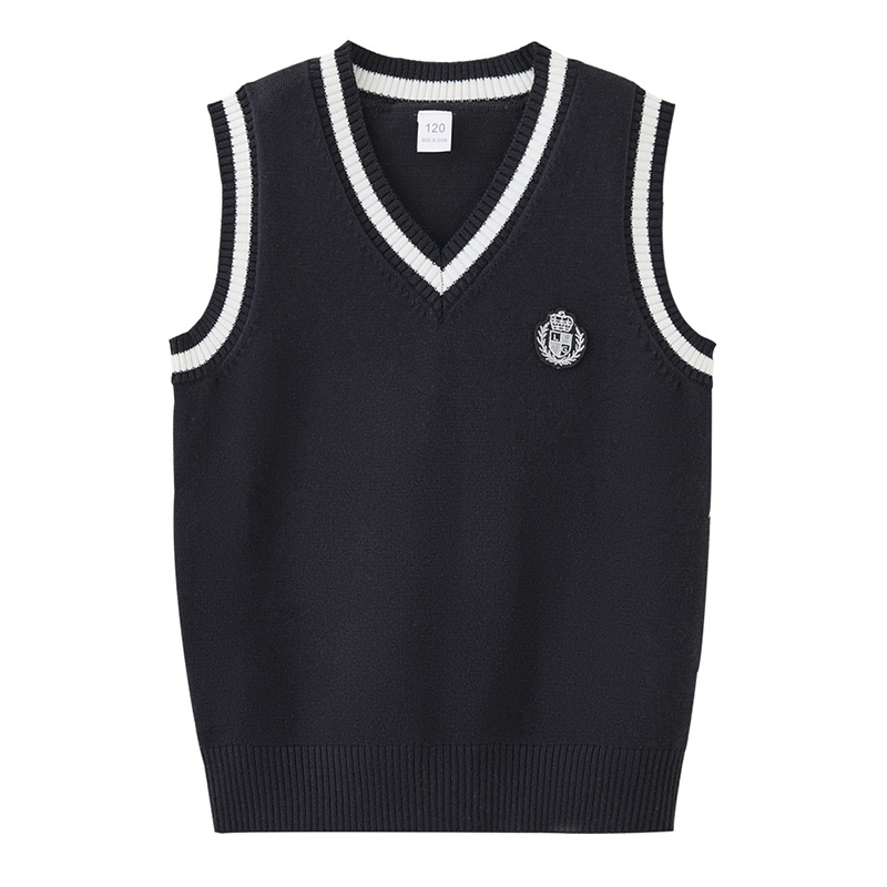 Nuevo estilo transfronterizo primavera y otoño cuello en V color de contraste suéter para niños grandes y medianos chaleco uniforme escolar al por mayor chaleco de punto para niñas