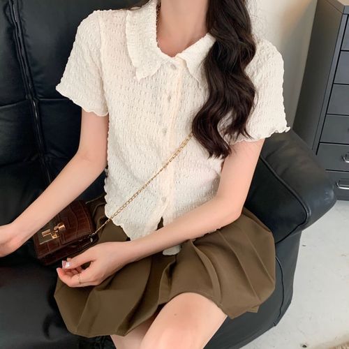  Korean style girl slimming versatile short-sleeved shirt for women with POIO collar 
