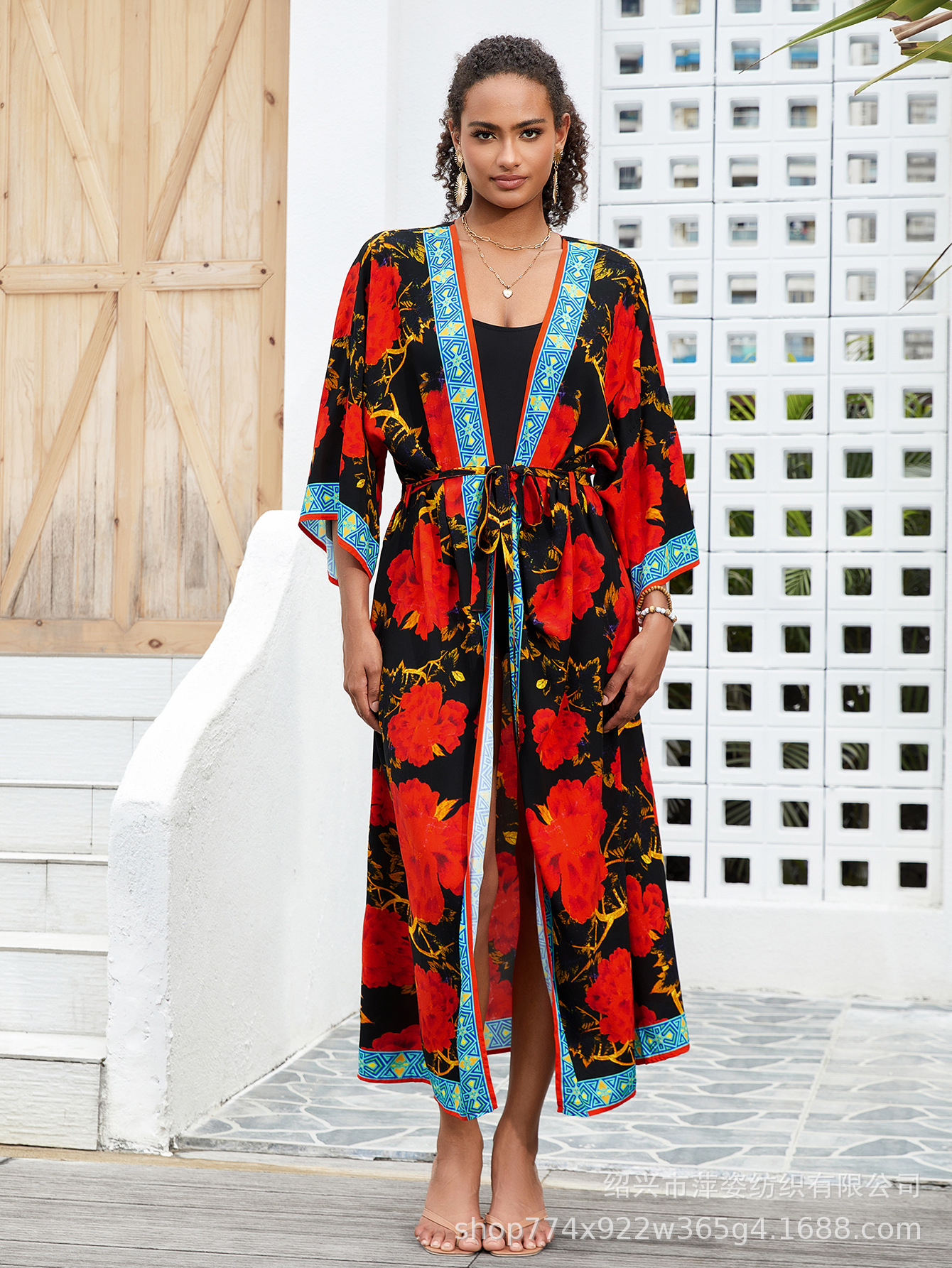 Blusa de playa Cárdigan con estampado de rayón Cárdigan largo bohemio Bikini Protector solar Camisa en traje de baño B006