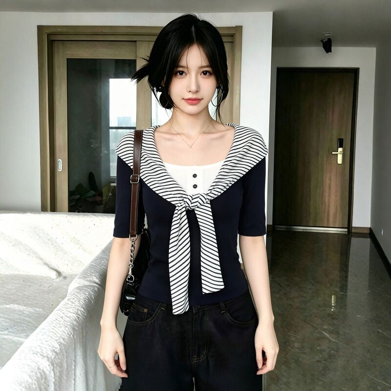 Navy Blue College-Style Shawl Short-Sleeve T-Shirt for Women, Navy Square Collar Striped 2026 Summer New Slim-Fit Top