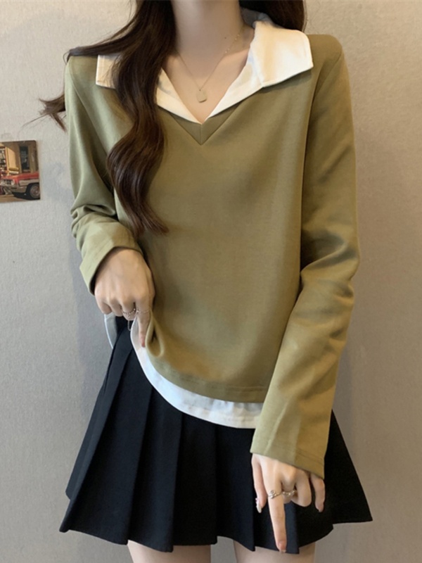 假两件polo领t恤长袖女秋季2025新款大码胖mm遮肚子显瘦正肩上衣|undefined
