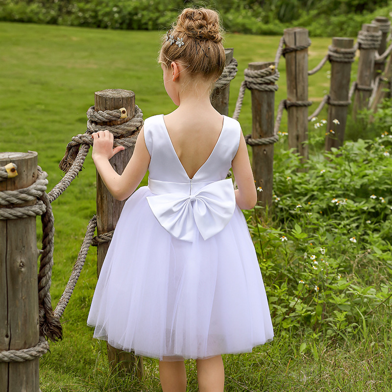 Nuevo europeo y americano transfronterizo vestido de novia de los niños sin mangas de satén arco de cumpleaños de las mujeres rendimiento mullido vestido midi