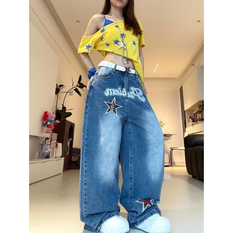 美式复古贴布字母星星弯刀牛仔裤女夏季高街设计感宽松显瘦阔腿裤|undefined
