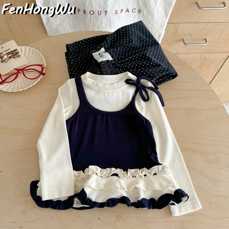 【粉红屋】女童甜美套装秋季新款儿童圆点阔腿裤两件套宝宝衣服潮|undefined
