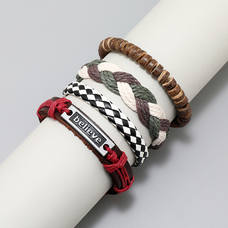 Bracelets Classification Fashion Cross Letter PU Leather Beaded Men's Bracelets Men Beaded Bracelets