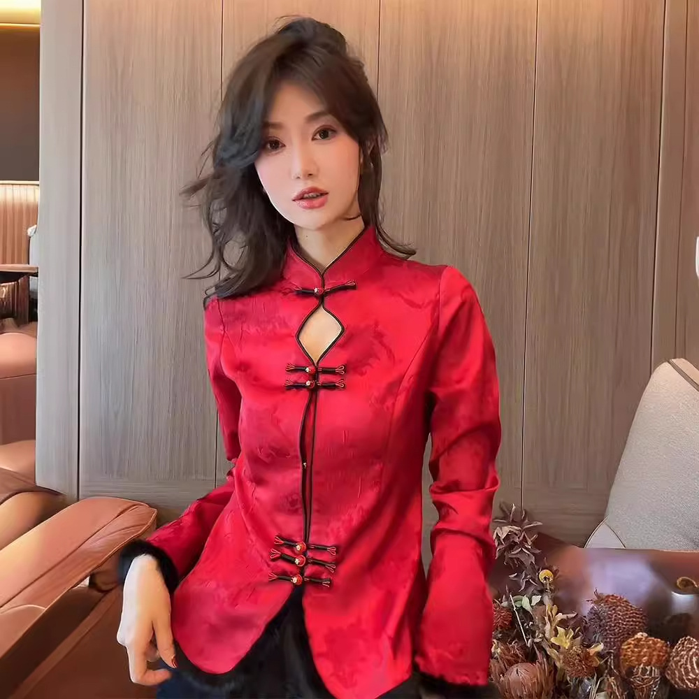 新中式国风盘扣本命年红色加绒上衣高级感超好看内搭衬衫女秋冬季