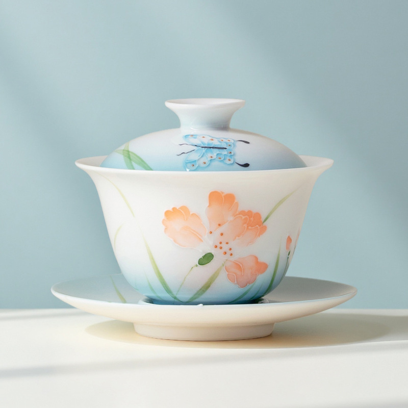 墨己玉泥蓝芙蝶梦手绘家用茶具合集功夫茶具陶瓷茶壶三才盖碗茶杯|undefined