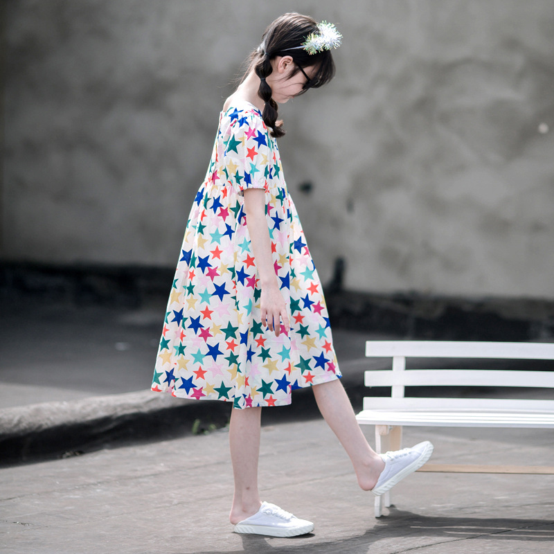 Verano nuevo estilo coreano manga corta estrella algodón falda de moda para niños grandes estilo coreano ropa para niños vestido de niña 2023