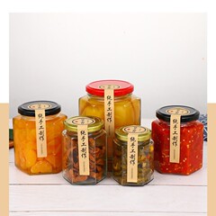 蓋付きスポット卸売六角ガラス瓶チリピクルス瓶卸売ジャム蜂蜜瓶六角密封瓶