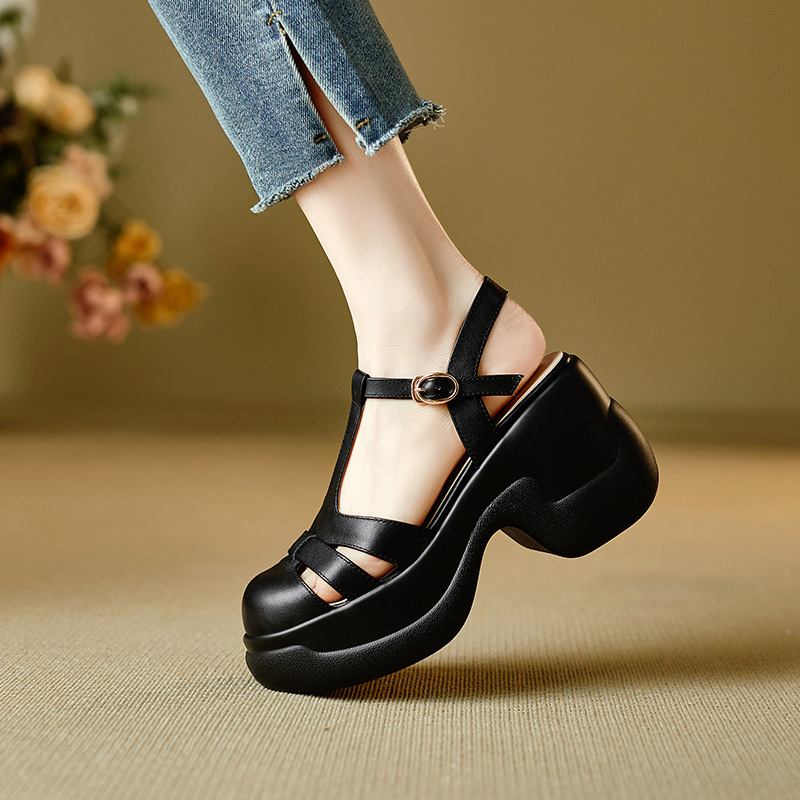 Sandal nữ quai chữ T đế xốp dày phong cách La Mã dệt — đen