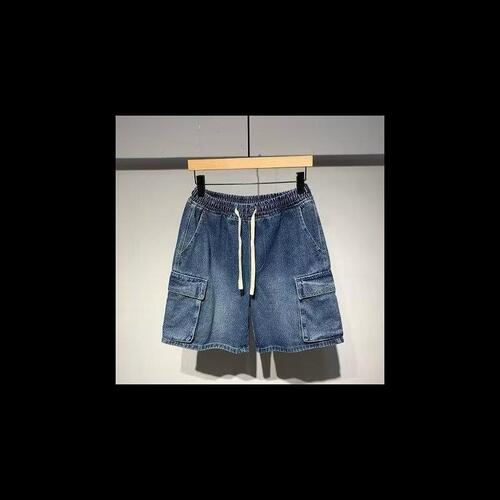 Men's denim summer loose waist Japanese workwear casual 5-inch adjustable waist pants