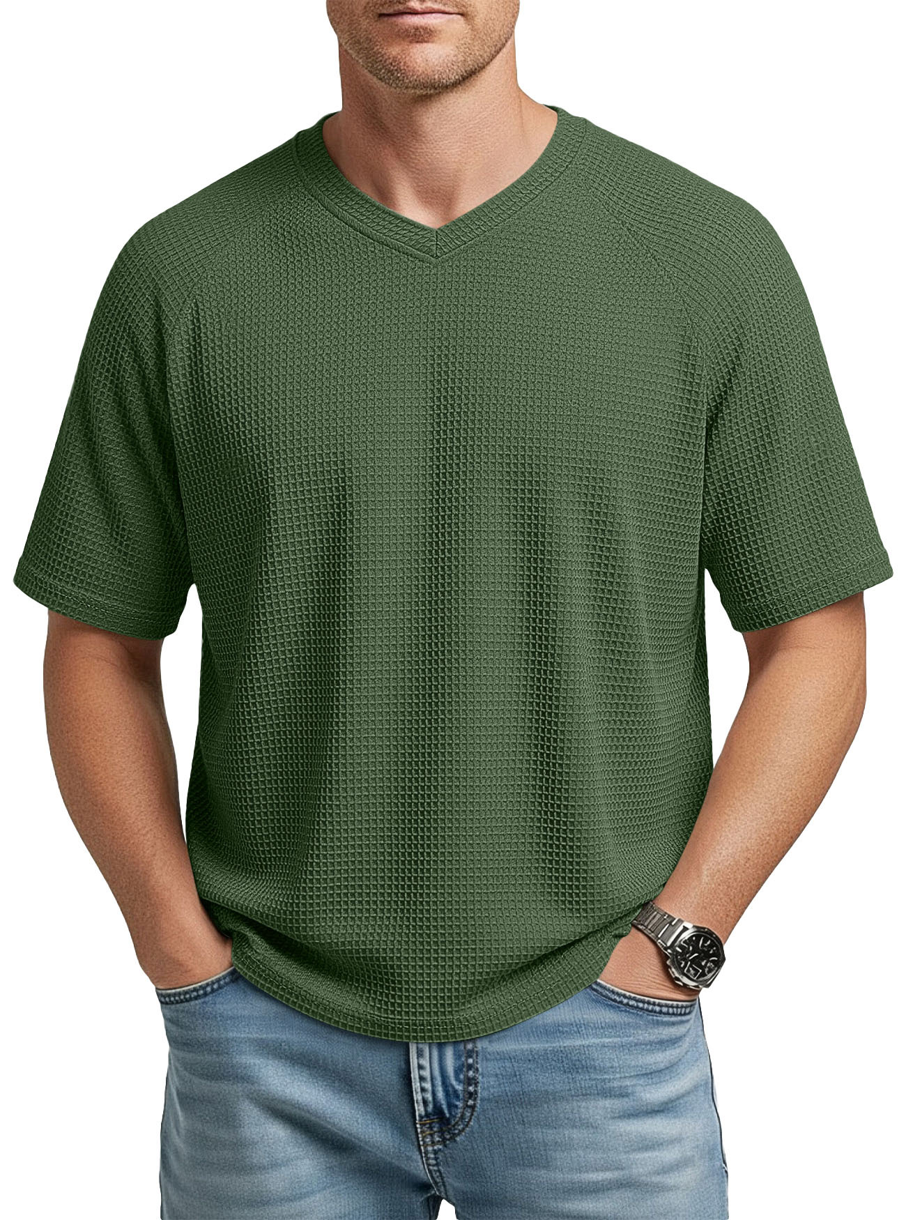 Europa y los Estados Unidos primavera y verano estación independiente transfronteriza hombre moda waffle tejido multifuncional manga de hombro cuello V camiseta de hombre de manga corta