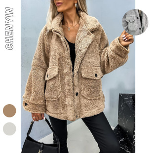 ins hot selling European and American women's autumn and winter loose casual bubble velvet long sleeve large lapel double pocket plush coat