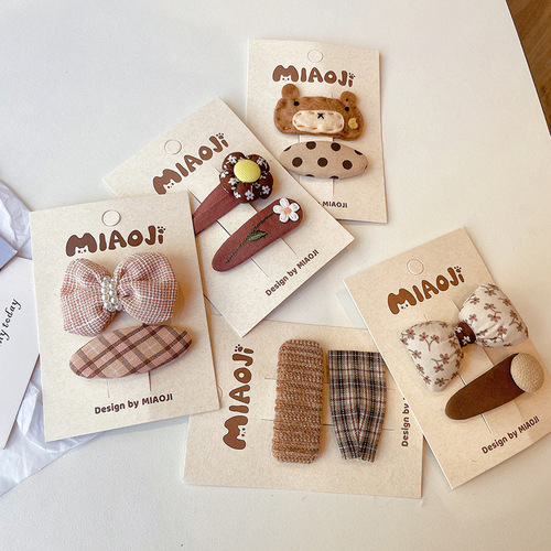 Early autumn milk coffee color plaid embroidered bow hair clip Korean style children's bangs clip broken hair BB clip baby side clip