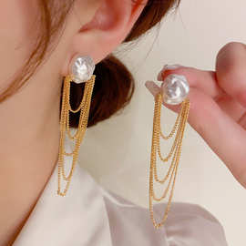 S925银针韩国珍珠链条流苏气质时尚轻奢级设计感耳钉耳饰