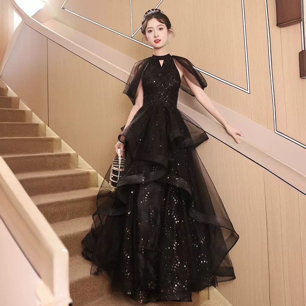 Black Evening Dress Banquet 2025 Autumn and Winter New Elegant Host Small Dress Skirt Women's Classy Fairy Performance Clothing