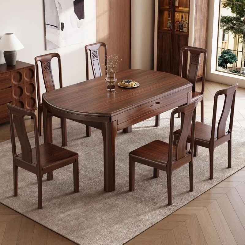 Ebony Wood Dining Table and Chair Combination, All Solid Wood Dining Table, Square and Round, Chinese Style Retractable Home Living Room High-End Dining Table
