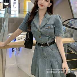 西装领牛仔百褶连衣裙女夏季美式小香风收腰显瘦梨形短袖a字短裙