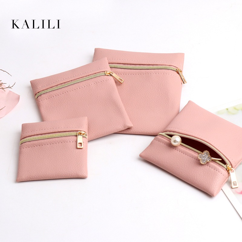 金属拉链首饰包装袋礼品袋皮料简约粉色饰品收纳袋方形多规格