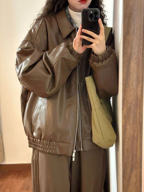 美式复古美拉德PU皮衣外套女2025春秋新款高街宽松机车上衣夹克潮|undefined