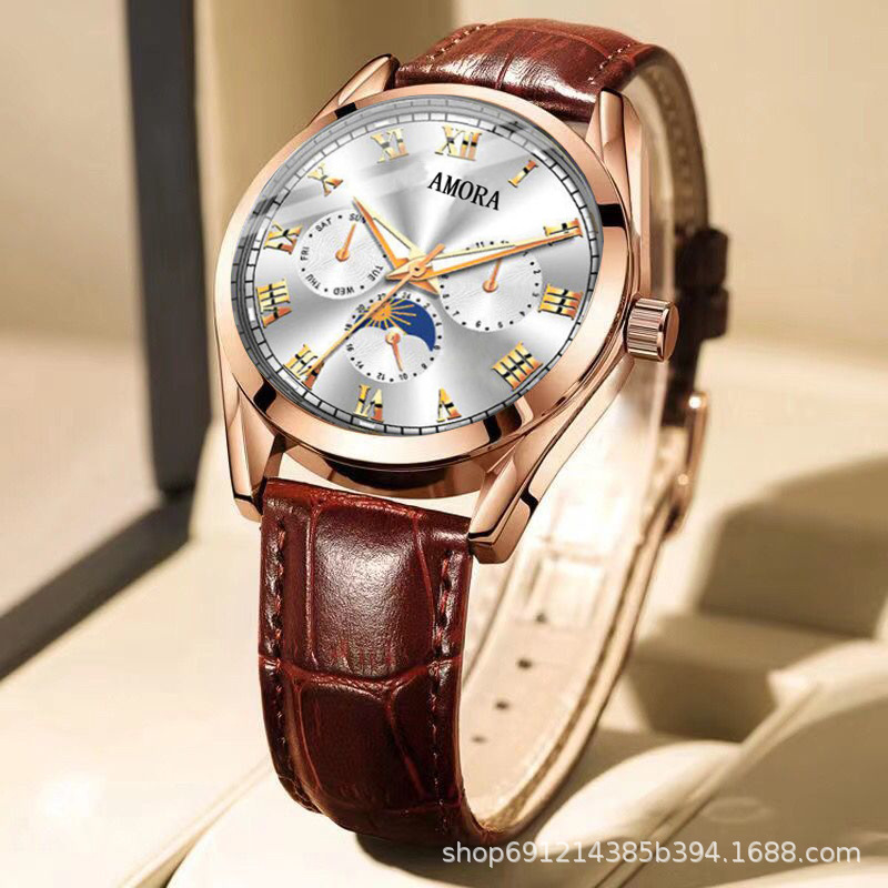 Dropshipping Men's Watches, Fashionable and Trendy Business Belt Style, Men's Watch with Luminous Quartz, Non-Mechanical Watch, Waterproof