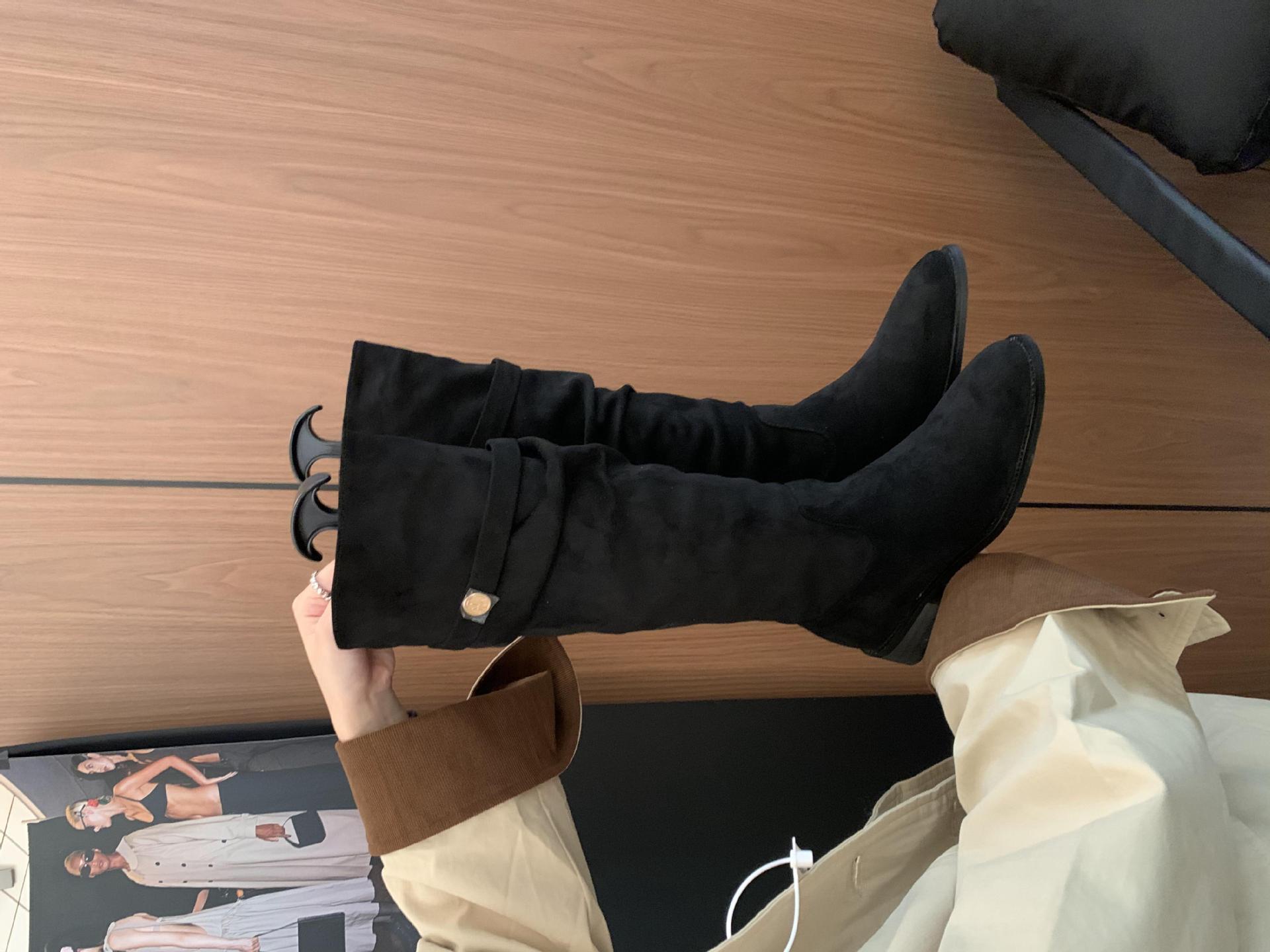 ShoeVault 2024 Chunky Heel Retro Fleece-Lined Coffee Color Riding French Style Slim Bare Autumn Winter Women's Over-the-Knee Boots_voghion.com