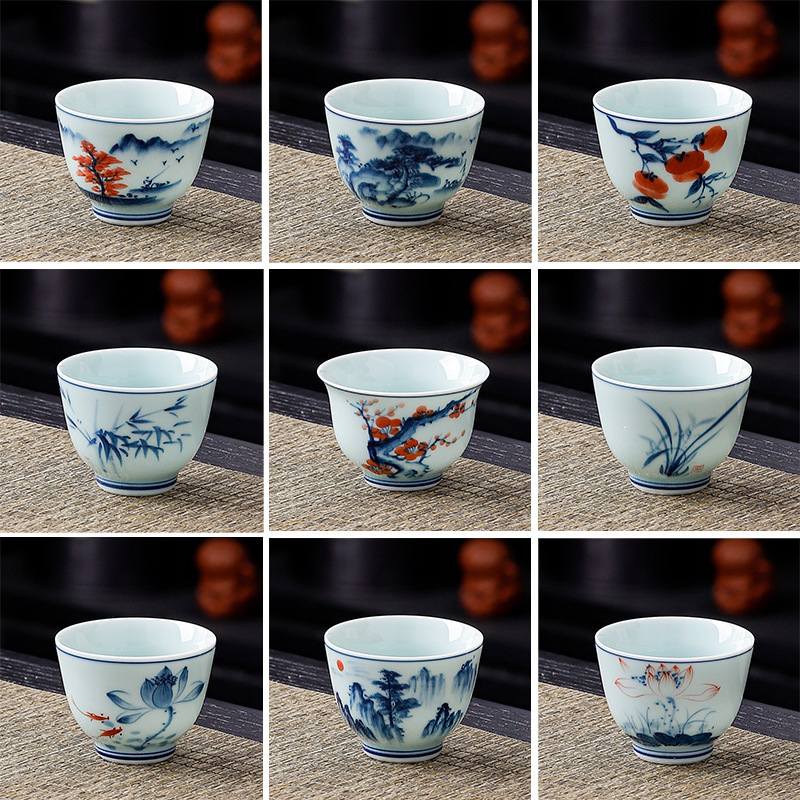 Hand-Painted Blue and White Porcelain Tea Cup, Kung Fu Tea Cup, Exquisite High-End Chinese Household Tea Cup, Factory Direct Sales Small Master Cup