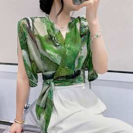 东南亚2025夏季新款雪纺印花系带小衫休闲飘带宽松T恤女潮代发