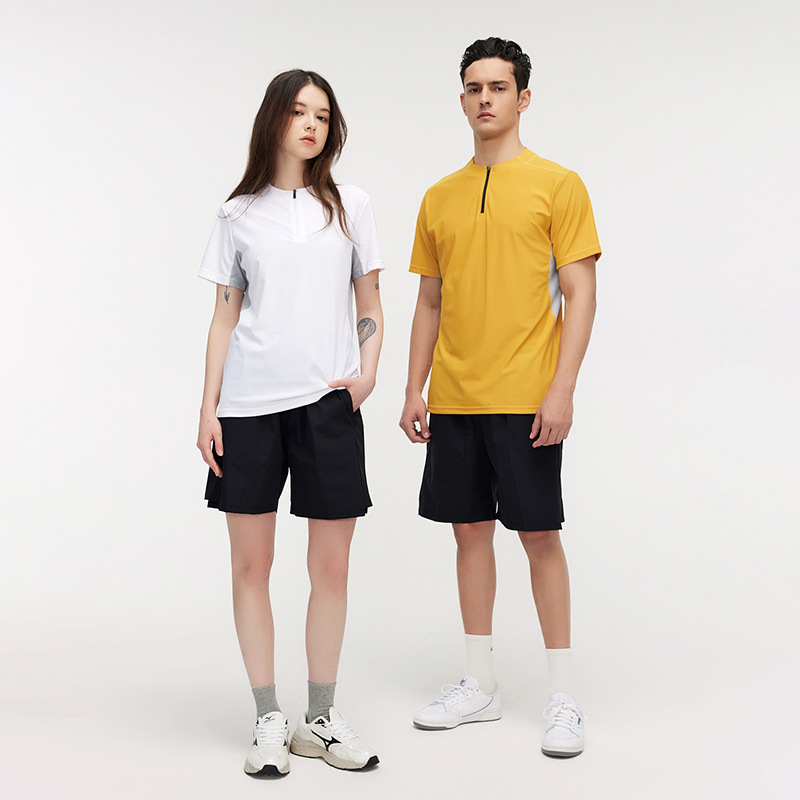 Los deportes de verano de los hombres de secado rápido cuello de pie media cremallera de manga corta de entrenamiento de tenis blanco pequeño cuello camiseta POL en stock generación pelo