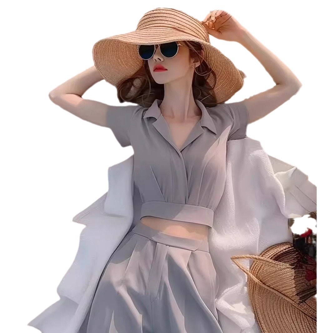 Bộ áo sơ mi nữ tay dài màu xám phối quần ống rộng thanh lịch — màu xám, đỉnh đơn