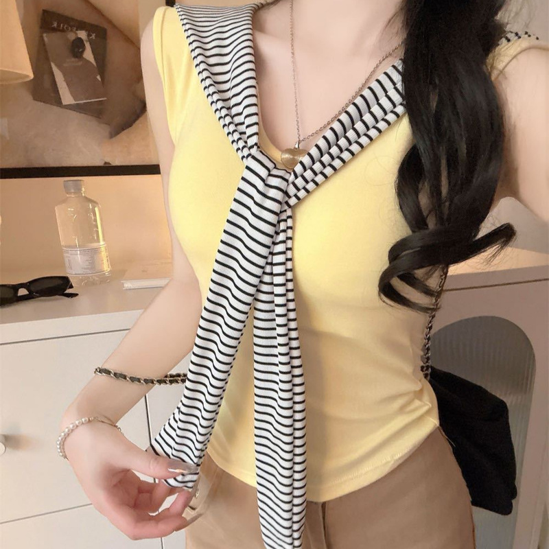 Korean-Style Striped Shawl Fake Two-Piece Sleeveless Top for Women, Summer Slim-Fit Slimming Navy Tie Chest Pad Short Vest
