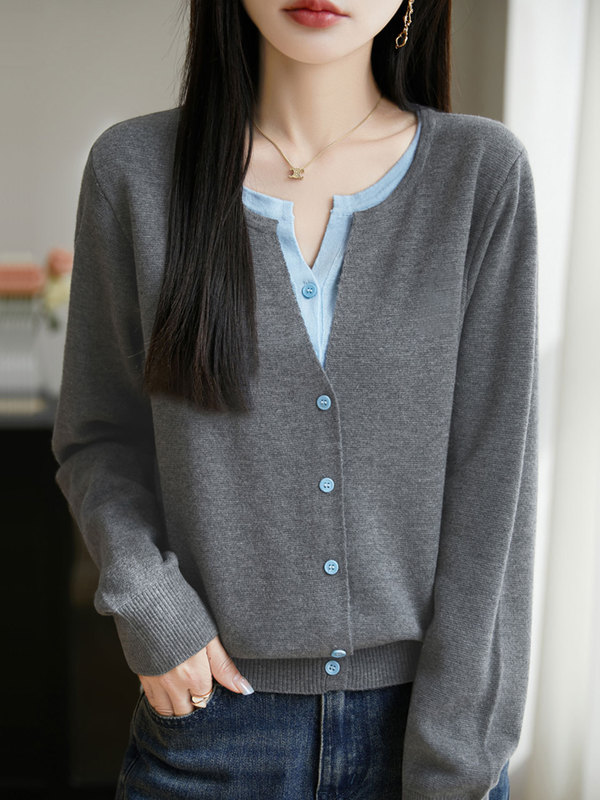 【厂家直供】圆领假两件针织外套毛衣女秋季新款宽松减龄外搭上衣|undefined