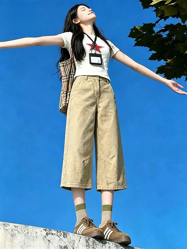 Khaki Color Cropped Workwear Jeans for Women, Summer 2026 New Style, High-Waisted, Loose Fit, Slimming Wide-Leg Mid-Length Pants