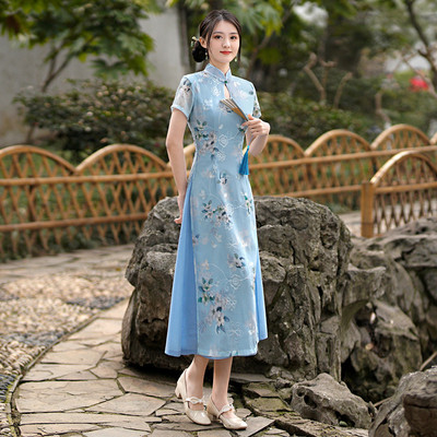 Blue Floral Aodai qipao chinese dresses for women girls embroidered Vietnam long Chinese dress skirt restoring ancient ways skirt