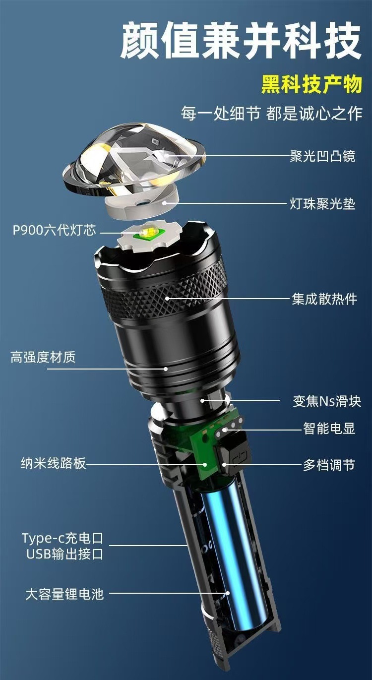 German Craftsmanship Strong Light Flashlight Rechargeable Light Ultra-Bright Portable Xenon Searchlight Outdoor Long-Range Ultra-Long Battery Life