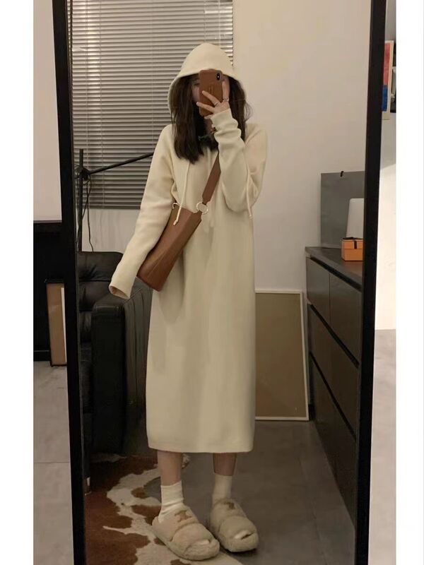Puyuan Sweater Factory Hooded Knitted Dress Slimming Autumn and Winter Long Loose Inner Cream Sweater Dress for Women